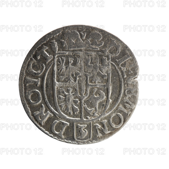 one and a half, cross (iconographic), orb of rule (iconographic), George William Hohenzollern (Elector of Brandenburg; Duke of Prussia; 1620-1640), coats of arms. Obv.: Royal orb with a cross with arms terminating in finials. In the lower part of the orb the value numerals Z4. On the sides of the cross the date numerals Z-3. In the rim between the borders an inscription divided by a cross GE:WI:MAR:BR:S:R:I:EL:P:D:. Rev.: Under the ducal mitre a five-field coat of arms; below in the shield a value numeral 3. In the rim between the borders an inscription separated by the mitre and the value numeral and ending with the hallmark DIE & MON - DROICT, 1623. Ducal Prussia (1525-1701), Königsberg; coin; diameter 20.0 mm; weight 1.02 g; axis 0 deg.