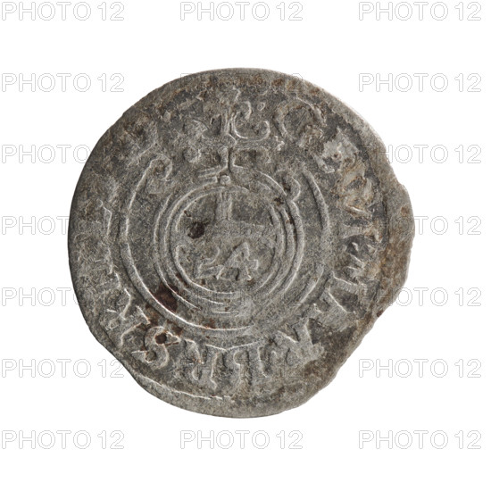 one and a half, Ernest Pfahler, cross (iconographic), George William Hohenzollern (Elector of Brandenburg; Prince of Prussia; 1620–1640), orb of rule (iconographic), coats of arms. Obverse: Royal orb with a cross with arms terminating in finials; in the lower part of the orb the value numerals Z4; on the sides of the cross the date numerals Z-3; in the rim between the borders an inscription divided by a cross: :MAR.BRSR. Reverse: Under the ducal mitre, a five-field coat of arms; below in the shield a value numeral 3; in the rim between the borders an inscription divided by the mitre and the value numeral and ending with a hallmark, MON - DROICT, 1623. Ducal Prussia (1525–1701), Königsberg; coin; diameter 19.8 mm; weight 0.88 g; axis 220°