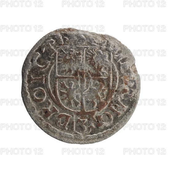 one and a half, Pfahler, Ernest, cross (iconographic), George William Hohenzollern (Elector of Brandenburg; Prince of Prussia; 1620-1640), orb of rule (iconographic), coats of arms. Obv. Royal orb with a cross with arms terminating in finials. In the lower part of the orb the value numerals Z4. On the sides of the cross the date numerals Z-3. In the rim between the borders an inscription divided by a cross ., :MAR.BRSR, Rw. Under the ducal mitre, a five-field coat of arms, below in the shield a value numeral 3. In the rim between the borders, an inscription divided by the mitre and the value numeral and ending with a hallmark, MON - DROICT, 1623. Ducal Prussia (1525-1701), Königsberg, coin: diameter 19.8 mm, weight 0.88 g, axis 220 degrees.