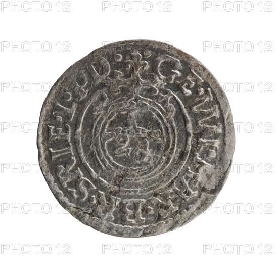 one and a half, Pfahler, Ernest, orb of rule (iconographic), George William Hohenzollern (Elector of Brandenburg; Duke of Prussia; 1620-1640), cross (iconographic), coats of arms. Obv.: Royal orb with a cross with arms terminating in finials. In the lower part of the orb, value numerals Z4. On the sides of the cross, date numerals Z-3. In the rim between the borders, an inscription divided by a cross .GE.WI.MAR.BR.SRIE.L. Rev.: Under the ducal mitre, a five-field coat of arms; below in the shield, the value numeral 3. In the rim between the borders, an inscription divided by the mitre and the value numeral and terminated with the hallmark, IEV & MON - DROICT, 1623. Königsberg, Ducal Prussia (1525-1701). Coin: diameter 20.0 mm, weight 0.94 g, axis 135 degrees.
