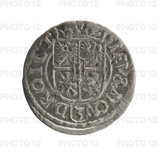 one and a half, Pfahler, Ernest, orb of rule (iconographic), George William Hohenzollern (Elector of Brandenburg; Duke of Prussia; 1620-1640), cross (iconographic), coats of arms. Obv. Royal orb with a cross with arms terminating in finials. In the lower part of the orb, value numerals Z4. On the sides of the cross, date numerals Z-3. In the rim between the borders, an inscription divided by a cross .GE.WI.MAR.BR.SRIE.L. Rv. Under the ducal mitre, a five-field coat of arms; below in the shield, the value numeral 3. In the rim between the borders, an inscription divided by the mitre and the value numeral and terminated with the hallmark, IEV & MON - DROICT, 1623, Königsberg, Ducal Prussia (1525-1701). Coin: diameter 20.0 mm, weight 0.94 g, axis 135 degrees.