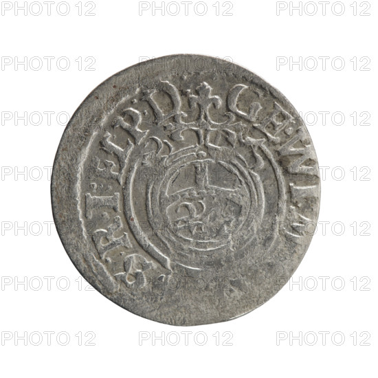 one-and-a-half, Pfahler, Ernest, cross (iconographic), orb of rule (iconographic), George William Hohenzollern (Elector of Brandenburg; Duke of Prussia; 1620-1640), coats of arms, Obv. Royal orb with a cross with arms terminating in finials. In the lower part of the orb the value numerals Z4. On the sides of the cross the date numerals Z-3. In the rim between the borders an inscription divided by a cross GE.WI:, S:R:I:ELP:D: Rw. Under the ducal mitre a five-field coat of arms, below in the shield a value numeral 3. In the rim between the borders an inscription separated by the mitre and the value numeral and ending with the hallmark DIEV, N - DROICT, 1623, Ducal Prussia (1525-1701), Königsberg, coin, coin: diameter 20.0 mm, weight 0.90 g, axis 90 degrees.