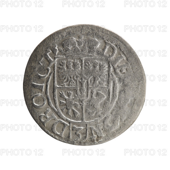 one-and-a-half, Pfahler, Ernest, cross (iconographic), orb of rule (iconographic), George William Hohenzollern (Elector of Brandenburg; Duke of Prussia; 1620-1640), coats of arms. Obv.: Royal orb with a cross with arms terminating in finials. In the lower part of the orb the value numerals Z4. On the sides of the cross the date numerals Z-3. In the rim between the borders an inscription divided by a cross GE.WI:, S:R:I:ELP:D:. Rv.: Under the ducal mitre a five-field coat of arms; below in the shield a value numeral 3. In the rim between the borders an inscription separated by the mitre and the value numeral and ending with the hallmark DIEV, N - DROICT, 1623. Ducal Prussia (1525-1701), Königsberg; coin. Diameter 20.0 mm, weight 0.90 g, axis 90 degrees.