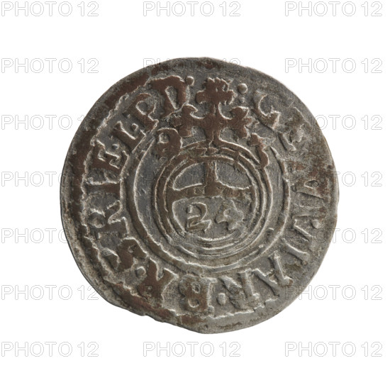 One and a half, Pfahler, Ernest, cross (iconographic), orb of rule (iconographic), George William Hohenzollern (Elector of Brandenburg; Duke of Prussia; 1620–1640), coats of arms. Obv.: Royal orb with a cross with arms terminating in finials; in the lower part of the orb, value numerals Z4; on the sides of the cross, date numerals Z-3; in the rim between the borders, an inscription divided by a cross .GE, I.MAR.BR.SRIE.L.PD. Rev.: Under the ducal mitre, a five-field coat of arms; below in the shield, the value numeral 3; in the rim between the borders, an inscription divided by the mitre and the value numeral and terminated with the hallmark DIEV, ON - DROIC, 1623. Ducal Prussia (1525–1701), Königsberg; coin; diameter 20.0 mm; weight 0.99 g; axis 45°.