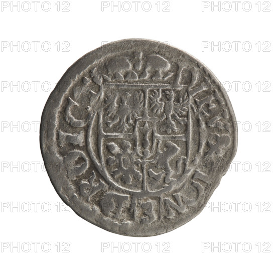 One and a half, Pfahler, Ernest, cross (iconographic), orb of rule (iconographic), George William Hohenzollern (Elector of Brandenburg; Duke of Prussia; 1620–1640), coats of arms. Obverse: royal orb with a cross whose arms terminate in finials; in the lower part of the orb, value numeral Z4; on the sides of the cross, date numerals Z–3; in the rim between the borders, an inscription divided by a cross .GE, I.MAR.BR.SRIE.L.PD. Reverse: under the ducal mitre, a five-field coat of arms with the value numeral 3 below; in the rim between the borders, an inscription divided by the mitre and the value numeral and terminated with the hallmark DIEV, ON - DROIC, 1623. Ducal Prussia (1525–1701), Königsberg; coin; diameter 20.0 mm; weight 0.99 g; axis 45 degrees.