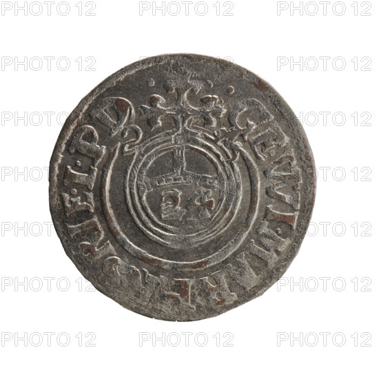 One and a half, Pfahler, Ernest, cross (iconographic), George William of Hohenzollern (Elector of Brandenburg; Duke of Prussia; 1620–1640), orb of rule (iconographic), coats of arms. Av. Royal orb with a cross with arms terminating in finials. In the lower part of the orb the value numerals Z4. On the sides of the cross the date numerals Z-3. On the rim between the borders an inscription divided by a cross .GE.WI.MAR.RIE.L.PD. Rv. Under the ducal mitre, a five-field coat of arms; below in the shield a value numeral 3. In the rim between the borders, an inscription divided by the mitre and the value numeral and ending with the hallmark DIE, DROICT, 1623. Ducal Prussia (1525–1701), Königsberg. Coin: diameter 19.6 mm; weight 1.10 g; axis 225°.