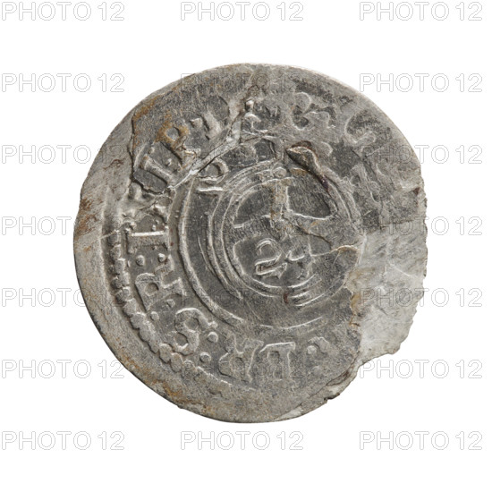 one-and-a-half, Ernest Pfahler, George William Hohenzollern (Elector of Brandenburg; Duke of Prussia; 1620–1640), cross (iconographic), orb of rule (iconographic), coats of arms. Obverse: royal orb with a cross with arms terminating in finials; in the lower part of the orb the value numerals Z4; on the sides of the cross the date numerals Z-4; in the rim between the borders an inscription divided by a cross, BR:S:R:I:EL:P. Reverse: under the ducal mitre a five-field coat of arms; below in the shield a value numeral 3; in the rim between the borders an inscription separated by the mitre and the value numeral and ending with the hallmark, OICT, 1624. Ducal Prussia (1525–1701), Königsberg; coin. Diameter 20.0 mm, weight 0.64 g, axis 90 degrees.