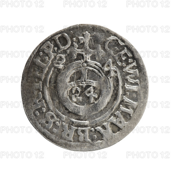 one and a half; Ernest Pfahler; George William Hohenzollern (Elector of Brandenburg; Duke of Prussia; 1620–1640); cross (iconographic); orb of rule (iconographic); coats of arms. Obverse: Royal orb with a cross with arms terminating in finials. In the lower part of the orb the value numerals Z4. On the sides of the cross the date numerals Z-4. In the rim between the borders an inscription divided by a cross: GE:WI:MAR:BR:S:, L:P:D: Rw. Under the ducal mitre a five-field coat of arms; below in the shield a value numeral 3. In the rim between the borders an inscription separated by the mitre and the value numeral and ending with the hallmark DIEV & ON - DROICT, 1624. Ducal Prussia (1525–1701), Königsberg. Coin: diameter 20.2 mm, weight 1.03 g, axis 330°.