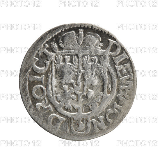 one and a half, Pfahler, Ernest, George William Hohenzollern (Elector of Brandenburg; Duke of Prussia; 1620-1640), cross (iconographic), orb of rule (iconographic), coats of arms. Obv. Royal orb with a cross with arms terminating in finials. In the lower part of the orb the value numerals Z4. On the sides of the cross the date numerals Z-4. In the rim between the borders an inscription divided by a cross, GE:WI:MAR:BR:S:, L:P:D: Rw. Under the ducal mitre a five-field coat of arms, below in the shield a value numeral 3. In the rim between the borders an inscription separated by the mitre and the value numeral and ending with the hallmark DIEV & ON - DROICT, 1624. Ducal Prussia (1525-1701), Königsberg, coin: diameter 20.2 mm, weight 1.03 g, axis 330 degrees.