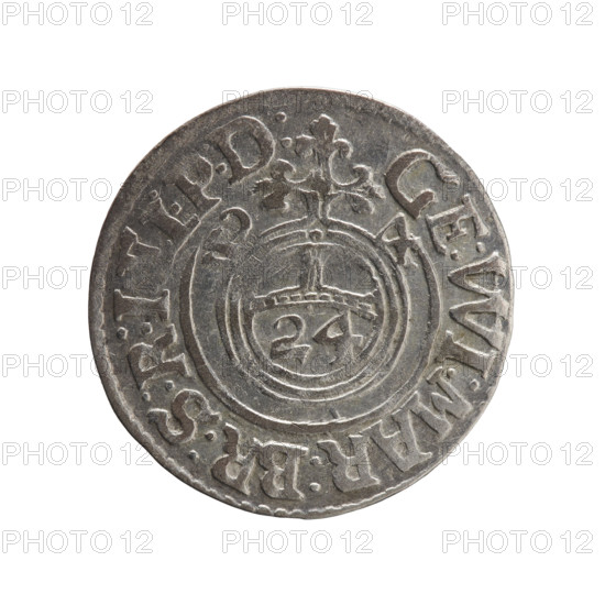 one and a half, Pfahler, Ernest, George William Hohenzollern (Elector of Brandenburg; Duke of Prussia; 1620–1640), cross (iconographic), orb of rule (iconographic), coats of arms. Obv. Royal orb with a cross with arms terminating in finials. In the lower part of the orb the value numerals Z4. On the sides of the cross the date numerals Z-4. In the rim between the borders an inscription divided by a cross, GE:WI:MAR:BR:S:R:I, L:P:D: Rw. Under the ducal mitre a five-field coat of arms, below in the shield a value numeral 3. In the rim between the borders an inscription separated by the mitre and the value numeral and ending with the hallmark DIEV & MON - DROICT, 1624. Ducal Prussia (1525–1701), Königsberg, coin: diameter 19.4 mm, weight 1.35 g, axis 90 degrees.