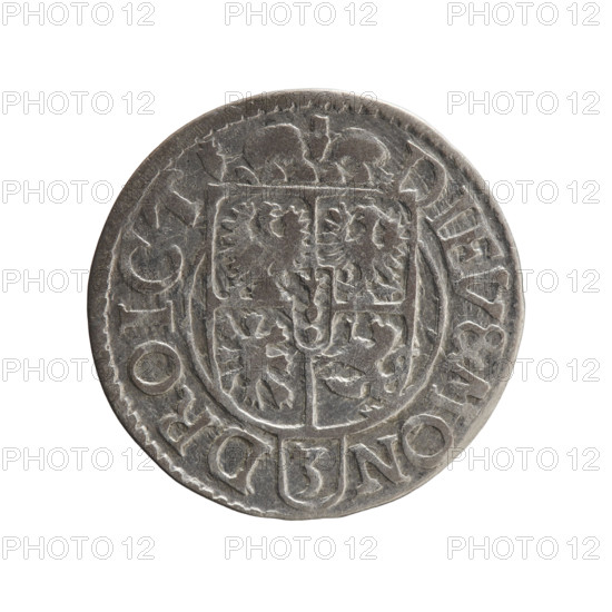 one and a half, Pfahler, Ernest, George William Hohenzollern (Elector of Brandenburg; Duke of Prussia; 1620–1640), cross (iconographic), orb of rule (iconographic), coats of arms. Obverse: royal orb with a cross with arms terminating in finials; in the lower part of the orb the value numerals Z4; on the sides of the cross the date numerals Z-4. In the rim between the borders an inscription divided by a cross: GE:WI:MAR:BR:S:R:I, L:P:D: Under the ducal mitre a five-field coat of arms; below in the shield a value numeral 3. In the rim between the borders an inscription separated by the mitre and the value numeral and ending with the hallmark DIEV & MON - DROICT, 1624. Ducal Prussia (1525–1701), Königsberg. Coin: diameter 19.4 mm, weight 1.35 g, axis 90 degrees.