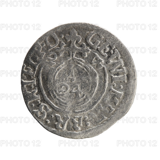 one and a half, Pfahler, Ernest, George William Hohenzollern (Elector of Brandenburg; Duke of Prussia; 1620–1640), cross (iconographic), orb of rule (iconographic), coats of arms. Obverse: royal orb with a cross with arms terminating in finials; in the lower part of the orb the value numerals Z4; on the sides of the cross the date numerals Z-4; in the rim between the borders an inscription divided by a cross, GE:WI:M, :BR:S:R:I:E. Reverse: under the ducal mitre a five-field coat of arms, below in the shield a value numeral 3; in the rim between the borders an inscription separated by the mitre and the value numeral and ending with the hallmark DIEV & MON - DROICT, 1624. Ducal Prussia (1525–1701), Königsberg; coin; diameter 19.8 mm; weight 0.93 g; axis 225°.