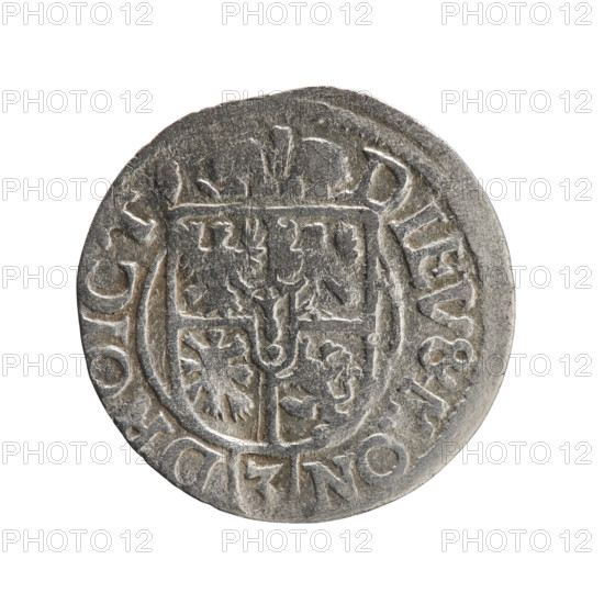one and a half, Pfahler, Ernest, George William Hohenzollern (Elector of Brandenburg; Duke of Prussia; 1620–1640), cross (iconographic), orb of rule (iconographic), coats of arms. Obv.: Royal orb with a cross with arms terminating in finials. In the lower part of the orb the value numerals Z4. On the sides of the cross the date numerals Z-4. In the rim between the borders an inscription divided by a cross, GE:WI:M, :BR:S:R:I:E. Rv.: Under the ducal mitre a five-field coat of arms; below in the shield a value numeral 3. In the rim between the borders an inscription separated by the mitre and the value numeral and ending with the hallmark DIEV & MON - DROICT, 1624. Ducal Prussia (1525–1701), Königsberg; coin. Diameter 19.8 mm, weight 0.93 g, axis 225°.