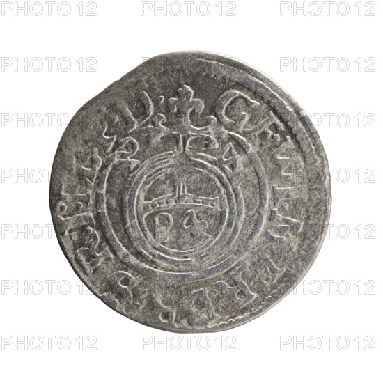one and a half, cross (iconographic), George William Hohenzollern (Elector of Brandenburg; Duke of Prussia; 1620–1640), orb of reign (iconographic), coats of arms. Obv. Royal orb with a cross with arms terminating in finials. In the lower part of the orb the value numerals Z4. On the sides of the cross the date numerals Z-4. In the rim between the borders an inscription divided by a cross GE:WI:M, R, B, S, R:I:, Rw. Under the ducal mitre a five-field coat of arms, below in the shield a value numeral 3. In the rim between the borders an inscription separated by the mitre and the value numeral and ending with the hallmark, ON - DROICT, 1624. Ducal Prussia (1525–1701), Königsberg; coin; diameter 20.0 mm; weight 1.04 g; axis 160°.