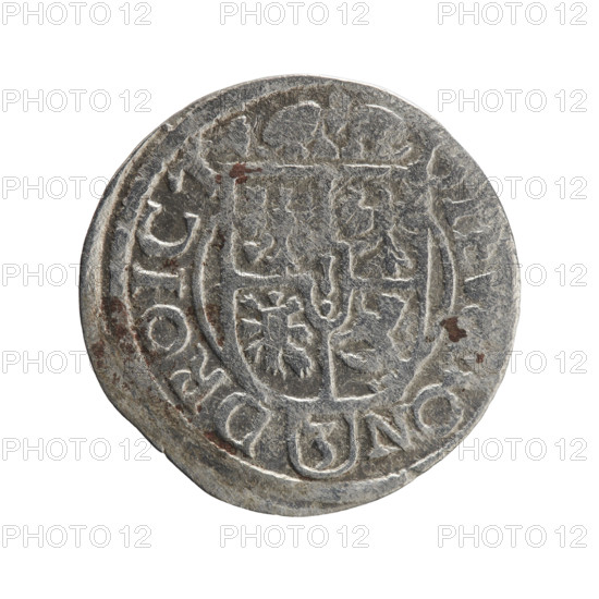 one and a half, Pfahler, Ernest, cross (iconographic), George William Hohenzollern (Elector of Brandenburg; Duke of Prussia; 1620-1640), orb of reign (iconographic), coats of arms. Obv. Royal orb with a cross with arms terminating in finials. In the lower part of the orb the value numerals Z4. On the sides of the cross the date numerals Z-4. In the rim between the borders an inscription divided by a cross GE:WI:M, R, B, S, R:I:, Rw. Under the ducal mitre a five-field coat of arms, below in the shield a value numeral 3. In the rim between the borders an inscription separated by the mitre and the value numeral and ending with the hallmark, ON - DROICT, 1624. Ducal Prussia (1525-1701), Königsberg, coin: diameter 20.0 mm, weight 1.04 g, axis 160 degrees.