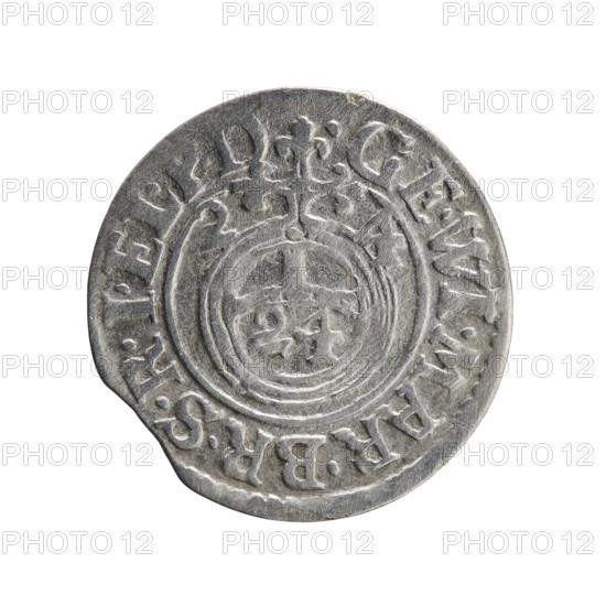 One and a half (coin). Obverse: royal orb with a cross whose arms terminate in finials; lower part of orb bears value numerals Z4; date numerals Z-4 at sides of cross; rim inscription divided by a cross: .GE.WI.MAR.BR.SRIEL.PD. Reverse: under a ducal mitre, a five-field coat of arms with value numeral 3 below; rim inscription divided by mitre and value numeral and terminated with hallmark DIEV & MON - DROICT, 1624. Maker: Pfahler, Ernest. Subject/iconography: cross, orb of rule, coats of arms; associated with George William Hohenzollern (Elector of Brandenburg; Duke of Prussia; 1620–1640). Ducal Prussia (1525–1701), Königsberg. Coin: diameter 19.5 mm, weight 1.01 g, axis 100°.