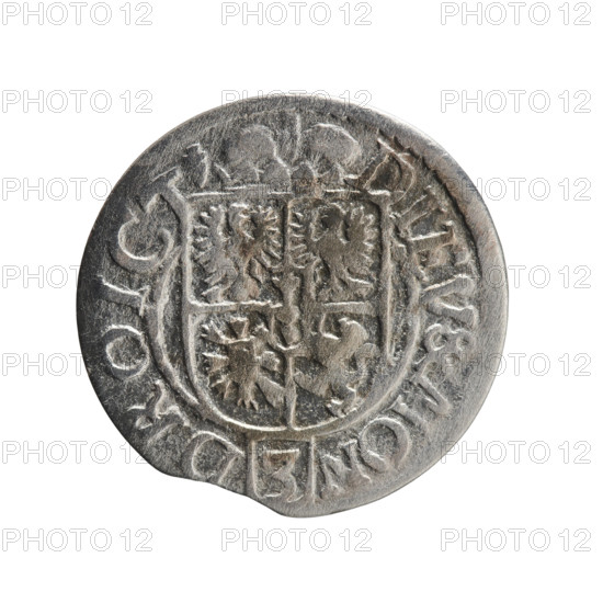one and a half; cross (iconographic); orb of rule (iconographic); George William Hohenzollern (Elector of Brandenburg; Duke of Prussia; 1620–1640); coats of arms. Obverse: royal orb with a cross with arms terminating in finials; in the lower part of the orb, value numerals Z4; on the sides of the cross, date numerals Z-4; on the rim between the borders, inscription divided by a cross .GE.WI.MAR.BR.SRIEL.PD. Reverse: under the ducal mitre, a five-field coat of arms, below in the shield the value numeral 3; on the rim between the borders, an inscription divided by the mitre and the value numeral and terminated with the hallmark DIEV & MON - DROICT, 1624. Ducal Prussia (1525–1701), Königsberg; coin. Diameter 19.5 mm; weight 1.01 g; axis 100 degrees.