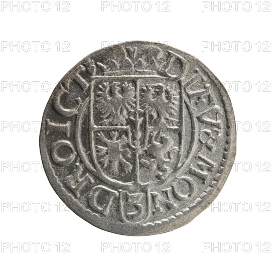 one and a half, Pfahler, Ernest, cross (iconographic), George William Hohenzollern (Elector of Brandenburg; Duke of Prussia; 1620–1640), orb of reign (iconographic), coats of arms. Obv. Royal orb with a cross with arms terminating in finials. In the lower part of the orb, value numerals Z4. On the sides of the cross, date numerals Z-4. On the rim between the borders, an inscription divided by a cross .GE.WI.MAR.BR.SRIEL.PD Rv. Under the ducal mitre, a five-field coat of arms, below in the shield the value numeral 3. On the rim between the borders, an inscription divided by the mitre and the value numeral and terminated with the hallmark DIEV & MON - DROICT, 1624, Ducal Prussia (1525–1701), Königsberg, coin: diameter 19.6 mm, weight 1.21 g, axis 200 degrees