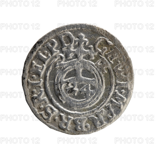 one and a half; cross (iconographic); George William Hohenzollern (Elector of Brandenburg; Duke of Prussia; 1620–1640); orb of reign (iconographic); coats of arms. Obv.: Royal orb with a cross with arms terminating in finials. In the lower part of the orb, value numerals Z4. On the sides of the cross, date numerals Z-4. On the rim between the borders, an inscription divided by a cross: .GE.WI.MAR.BR.SRIEL.PD. Rev.: Under the ducal mitre, a five-field coat of arms; below in the shield the value numeral 3. On the rim between the borders, an inscription divided by the mitre and the value numeral and terminated with the hallmark: DIEV & MON - DROICT, 1624. Ducal Prussia (1525–1701), Königsberg; coin. Diameter 19.5 mm, weight 1.14 g, axis 225°.