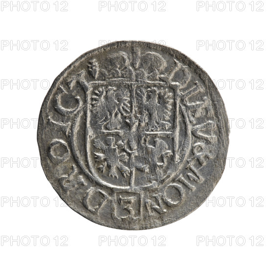 one and a half; cross (iconographic); George William Hohenzollern (Elector of Brandenburg; Duke of Prussia; 1620–1640); orb of reign (iconographic); coats of arms. Obverse: royal orb with a cross with arms terminating in finials. In the lower part of the orb, value numerals Z4. On the sides of the cross, date numerals Z-4. On the rim between the borders, an inscription divided by a cross: .GE.WI.MAR.BR.SRIEL.PD. Reverse: under the ducal mitre, a five-field coat of arms; below in the shield the value numeral 3. On the rim between the borders, an inscription divided by the mitre and the value numeral and terminated with the hallmark DIEV & MON - DROICT, 1624. Ducal Prussia (1525–1701), Königsberg; coin. Diameter 19.5 mm, weight 1.14 g, axis 225°.
