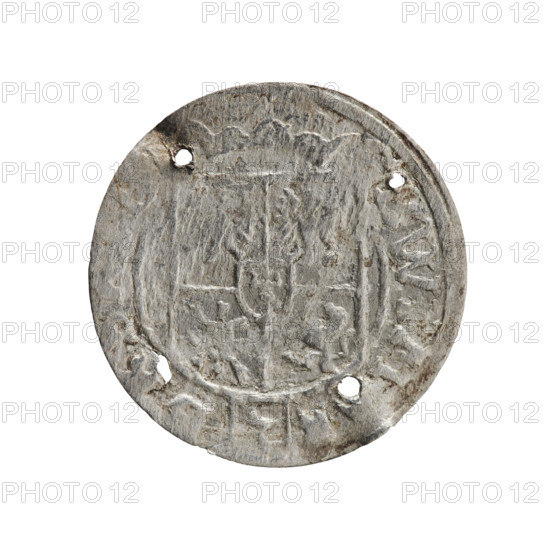 One-and-a-half coin (1624). Obverse: under the ducal mitre, a five-field coat of arms; below in the shield the value numeral 3. In the rim between the borders, an inscription separated by the mitre and the value numeral: E WI M - . Reverse: royal orb with a cross whose arms terminate in finials; in the lower part of the orb the value numerals Z4; on the sides of the cross the date numerals Z-4. In the rim between the borders an inscription divided by a cross and a heart (hallmark) below the apple: NE NO - DV, PRV, 1624. Ducal Prussia (1525–1701), Königsberg. Coin: diameter 19.0 mm, weight 0.62 g, axis 315°. Maker: George William Hohenzollern (Elector of Brandenburg; Duke of Prussia; 1620–1640). Iconography: cross, orb of rule, coats of arms. Inscriptions present as noted.
