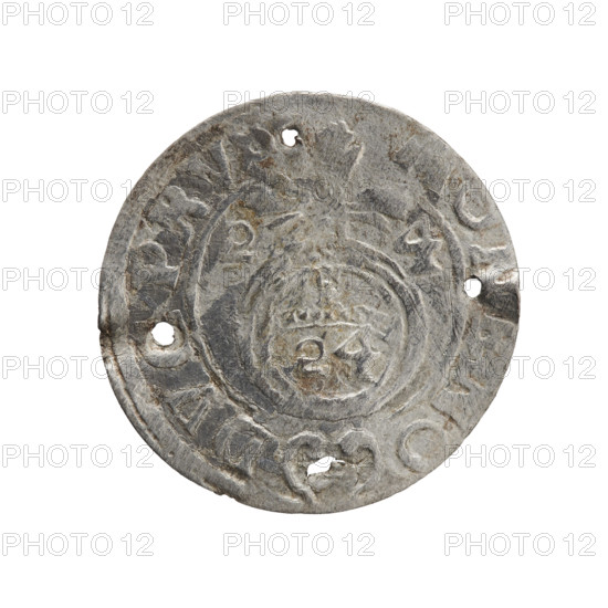 Obverse: Under the ducal mitre, a five-field coat of arms; below in the shield the value numeral 3. In the rim between the borders, an inscription separated by the mitre and the value numeral, E WI M -. Reverse: Royal orb with a cross with arms terminating in finials. In the lower part of the orb, the value numerals Z4. On the sides of the cross, the date numerals Z-4. In the rim between the borders an inscription divided by a cross and a heart (hallmark) below the apple, NE NO - DV, PRV, 1624. George William Hohenzollern (Elector of Brandenburg; Duke of Prussia; 1620–1640). Ducal Prussia (1525–1701), Königsberg. Coin: diameter 19.0 mm, weight 0.62 g, axis 315°. Iconography: cross, orb of rule, coats of arms. Maker: Pfahler, Ernest. One-and-a-half (value).