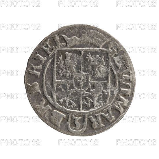 One-and-a-half coin. Obverse: under the ducal mitre, a five-field coat of arms; below in the shield the value numeral 3. In the rim between the borders, an inscription separated by the mitre and the value numeral. Reverse: royal orb with a cross with arms terminating in finials; in the lower part of the orb the value numerals Z4; on the sides of the cross the date numerals Z-4. In the rim between the borders an inscription divided by a cross and a heart (hallmark) located below the apple. Inscription: MONE NO - DVC PRVS, 1624. Ducal Prussia (1525–1701), Königsberg. Coin: diameter 19.3 mm, weight 1.06 g, axis 250°. Iconography: cross, orb of rule, coats of arms. Maker: George William Hohenzollern (Elector of Brandenburg; Duke of Prussia; 1620–1640). Cataloging/attribution: Pfahler, Ernest.