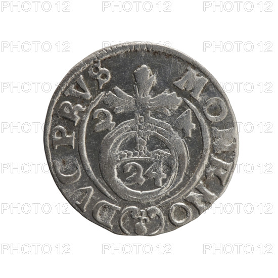One-and-a-half; Ernest Pfahler; Department of Coins of Lands Associated with Poland — George William Hohenzollern (Elector of Brandenburg; Duke of Prussia; 1620–1640). Obverse: Under the ducal mitre, a five-field coat of arms; below in the shield the value numeral 3. In the rim between the borders, an inscription separated by the mitre and the value numeral GEWIMAR - BR, RIEL. Reverse: Royal orb with a cross whose arms terminate in finials; in the lower part of the orb the value numerals Z4; on the sides of the cross the date numerals Z-4. In the rim between the borders an inscription divided by a cross and a heart (hallmark) located below the apple. MONE NO - DVC PRVS, 1624. Ducal Prussia (1525–1701), Königsberg. Coin: diameter 19.3 mm, weight 1.06 g, axis 250°.