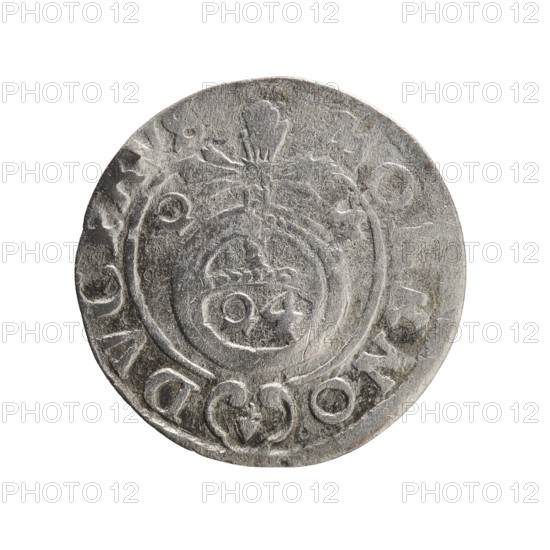 One-and-a-half (3/4) coin. Maker: Ernest Pfahler. Department of Coins of Lands Associated with Poland. George William Hohenzollern (Elector of Brandenburg; Duke of Prussia; 1620–1640). Obverse: under the ducal mitre, a five-field coat of arms; below in the shield the value numeral 3; rim inscription separated by the mitre and the value numeral GEWI- RIEL. Reverse: royal orb with a cross with arms terminating in finials; lower part of the orb the value numerals Z4; date numerals Z-4 on the sides of the cross; rim inscription divided by a cross and a heart (hallmark) below the apple NO- DVCVS 1624. Issued in Ducal Prussia (1525–1701), Königsberg. Coin diameter 19.4 mm, weight 0.92 g, axis 135°.