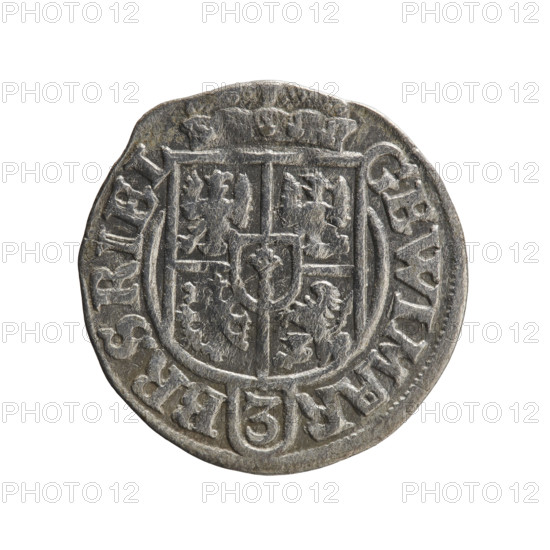 Obverse: Under the ducal mitre, a five-field coat of arms; below in the shield the value numeral 3. In the rim between the borders, an inscription separated by the mitre and the value numeral. Reverse: Royal orb with a cross with arms terminating in finials; in the lower part of the orb, the value numerals Z4. On the sides of the cross, the date numerals Z-4. In the rim between the borders an inscription divided by a cross and a heart (hallmark) located below the apple. Inscription: MONE NO - DVC PRVS, 1624. Dukal Prussia (1525–1701), Königsberg. Coin: diameter 20.0 mm, weight 0.96 g, axis 20 degrees. Makers/attribution: Pfahler, Ernest. Iconography: cross, orb of rule, coats of arms.