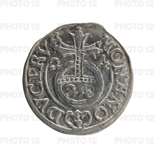 One-and-a-half coin. Obverse: Under the ducal mitre, a five-field coat of arms; below in the shield the value numeral 3. In the rim between the borders, an inscription separated by the mitre and the value numeral. Reverse: Royal orb with a cross with arms terminating in finials; in the lower part of the orb the value numerals 24; on the sides of the cross the date numerals 24. In the rim between the borders an inscription divided by a cross and a heart (hallmark) located below the apple. Inscription: MONE NO - DVC PRVS, 1624. Ducal Prussia (1525–1701), Königsberg. Coin: diameter 20.0 mm, weight 0.96 g, axis 20°.