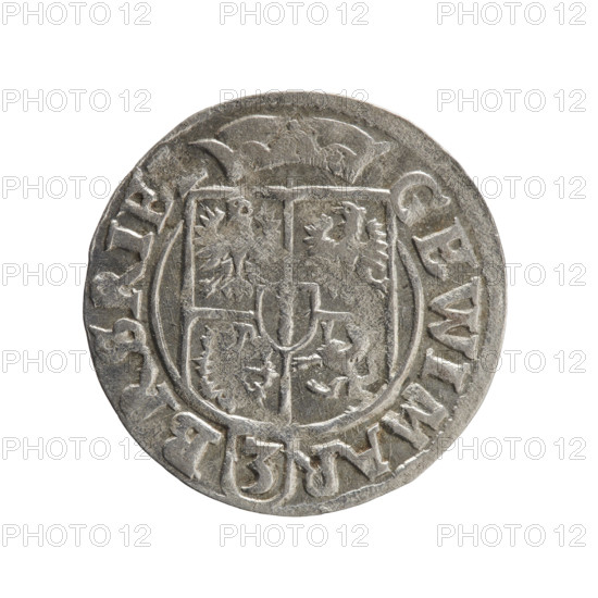 one-and-a-half, cross (iconographic), orb of rule (iconographic), George William Hohenzollern (Elector of Brandenburg; Duke of Prussia; 1620–1640), coats of arms. Obv.: Under the ducal mitre, a five-field coat of arms; below in the shield the value numeral 3. In the rim between the borders, an inscription separated by the mitre and the value numeral GEWIMAR - BRSRIE. Rev.: Royal orb with a cross with arms terminating in finials; in the lower part of the orb, the value numerals Z4; on the sides of the cross, the date numerals Z-4. In the rim between the borders an inscription divided by a cross and a heart (hallmark) located below the apple MONE NO - DVC PRVS, 1624. Königsberg, Ducal Prussia (1525–1701). Coin: diameter 19.4 mm, weight 1.10 g, axis 10 degrees.