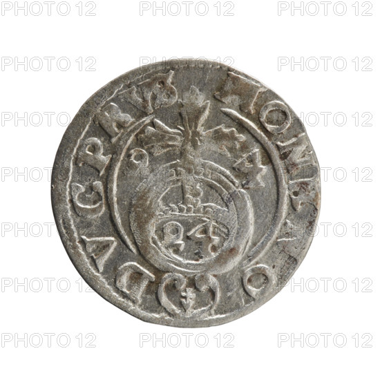 One-and-a-half coin (1624) by Ernest Pfahler. Obverse: under a ducal mitre, a five-field coat of arms with the value numeral 3 in the lower part of the shield; rim inscription separated by the mitre and the value numeral: GEWIMAR - BRSRIE. Reverse: royal orb topped by a cross with arms terminating in finials; value numerals Z4 on the lower part of the orb and date numerals Z-4 on the sides of the cross; rim inscription divided by a cross and a heart (hallmark) below the apple: MONE NO - DVC PRVS, 1624. Iconography: cross, orb of rule; portraiture: George William Hohenzollern (Elector of Brandenburg; Duke of Prussia; 1620–1640). Mint: Königsberg, Ducal Prussia (1525–1701). Coin: diameter 19.4 mm, weight 1.10 g, axis 10°.