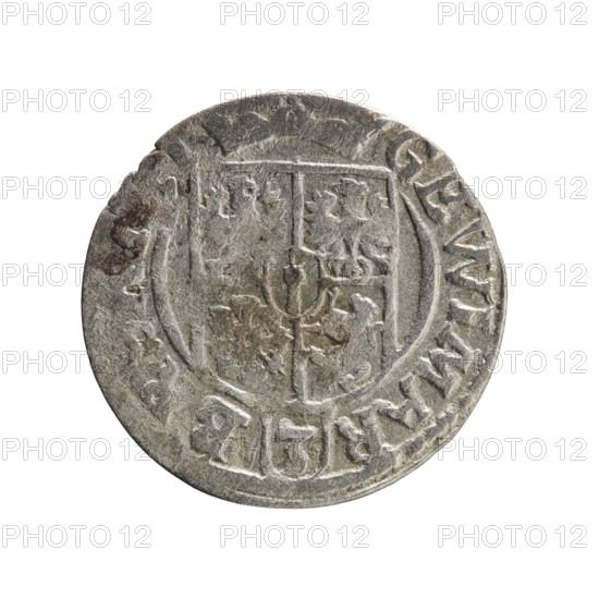 One-and-a-half coin by Ernest Pfahler, 1624. Obverse: under a ducal mitre, five-field coat of arms with value numeral 3 in the shield; rim inscription separated by the mitre and the value numeral. Reverse: royal orb with cross whose arms terminate in finials; value numerals 4 in lower part of orb and date numerals 1624 on the sides of the cross; rim inscription divided by a cross and a heart (hallmark) below the orb reading MONE NO - DVC PRVS. Ducal Prussia (1525–1701), Königsberg. Coin; diameter 19.3 mm; weight 1.12 g; axis 135°.