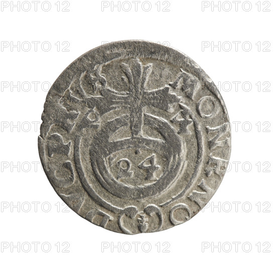 One-and-a-half coin; maker: Ernest Pfahler. Obverse: under the ducal mitre, a five-field coat of arms; below in the shield the value numeral 3. In the rim between the borders, an inscription separated by the mitre and the value numeral GEWIMAR - BR. Reverse: royal orb with a cross whose arms terminate in finials; in the lower part of the orb the value numerals Z4; on the sides of the cross the date numerals Z-4. In the rim between the borders an inscription divided by a cross and a heart (hallmark) below the apple MONE NO - DVC PRVS, 1624. Place/period: Ducal Prussia (1525–1701), Königsberg. Coin: diameter 19.3 mm, weight 1.12 g, axis 135°.