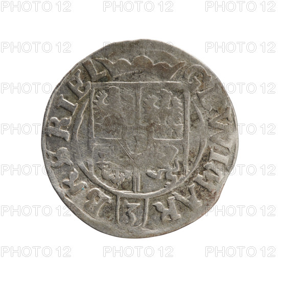 One-and-a-half; Pfahler, Ernest. Cross (iconographic). George William of Hohenzollern (Elector of Brandenburg; Duke of Prussia; 1620–1640). Orb of reign (iconographic). Coats of arms. WQXBCFS
I:\nmw crop ready cleaned\ WQXBCFS
I:\nmw crop ready cleaned\Obverse: Under the ducal mitre, a five-field heraldic shield; below in the shield the value numeral 3. In the rim between the borders, an inscription separated by the mitre and the value numeral GEWIMAR - BRSRIEL. WQXBCFS
I:\nmw crop ready cleaned\ WQXBCFS
I:\nmw crop ready cleaned\Reverse: Royal orb with a cross with arms terminating in finials. In the lower part of the orb, the value numerals Z4. On the sides of the cross, the date numerals Z-4. In the rim between the borders an inscription divided by a cross and a heart (hallmark) below the apple MONE NO - DVC PRV, 1624. WQXBCFS
I:\nmw crop ready cleaned\ WQXBCFS
I:\nmw crop ready cleaned\Ducal Prussia (1525–1701), Königsberg. Coin: diameter 19.3 mm; weight 1.13 g; axis 300°.