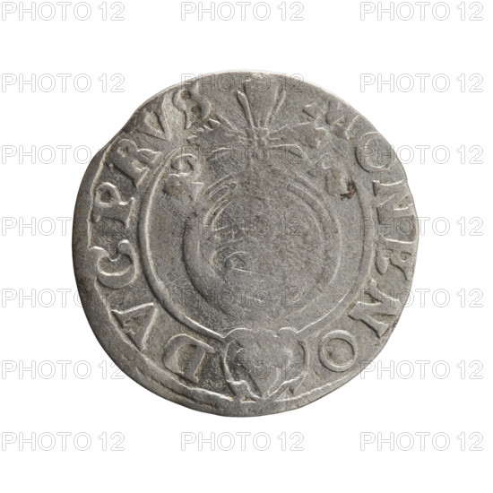 Obverse: Under the ducal mitre, a five-field heraldic shield; below in the shield the value numeral 3. In the rim between the borders, an inscription separated by the mitre and the value numeral GEWIMAR - BRSRIEL. Reverse: Royal orb with a cross whose arms terminate in finials; in the lower part of the orb the value numerals Z4; on the sides of the cross the date numerals Z-4. In the rim between the borders an inscription divided by a cross and a heart (hallmark) below the apple MONE NO - DVC PRV, 1624. Subject: George William of Hohenzollern (Elector of Brandenburg; Duke of Prussia; 1620–1640). Place/period: Ducal Prussia (1525–1701), Königsberg. Object: coin; diameter 19.3 mm; weight 1.13 g; axis 300°. Materials/style: [coin, struck].