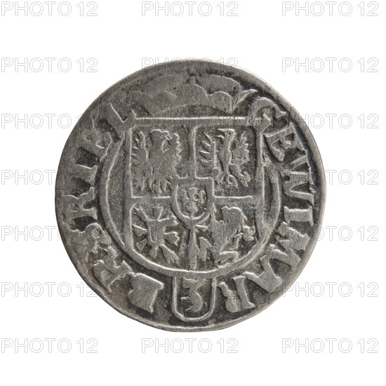 one-and-a-half, Pfahler, Ernest; George William Hohenzollern (Elector of Brandenburg; Duke of Prussia; 1620–1640); orb of reign (iconographic); cross (iconographic); coats of arms. Obverse: under the ducal mitre, a five-field coat of arms; below in the shield the value numeral 3. In the rim between the borders, an inscription separated by the mitre and the value numeral GEWIMAR -, RSRIEL. Reverse: royal orb with a cross with arms terminating in finials; in the lower part of the orb, the value numerals Z4; on the sides of the cross, the date numerals Z-4. In the rim between the borders an inscription divided by a cross and a heart (hallmark) below the apple MONE NO - DVC PRVS, 1624. Ducal Prussia (1525–1701), Königsberg; coin: diameter 19.2 mm, weight 1.15 g, axis 315 degrees.