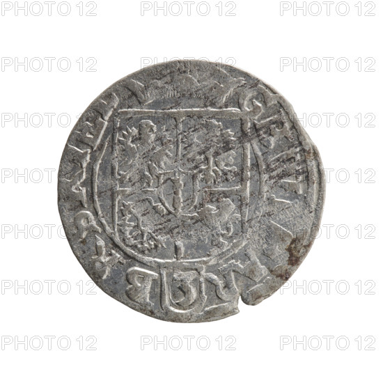 one-and-a-half, Pfahler, Ernest, George William Hohenzollern (Elector of Brandenburg; Prince of Prussia; 1620-1640), orb of rule (iconographic), cross (iconographic), coats of arms. Obv. Under the ducal mitre, a five-field coat of arms; below in the shield the value numeral 3. In the rim between the borders, an inscription separated by the mitre and the value numeral GEW, R - BR, Rw. Royal orb with a cross with arms terminating in finials. In the lower part of the orb, the value numerals Z4. On the sides of the cross, the date numerals Z-4. In the rim between the borders an inscription divided by a cross and a heart (hallmark) below the apple MON, NO - DVC P, 1624, Königsberg, Ducal Prussia (1525-1701), coin: diameter 19.0 mm, weight 1.01 g, axis 230 degrees.