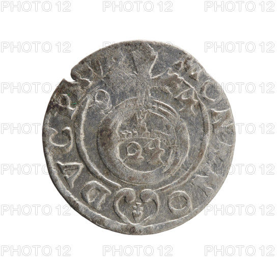 one-and-a-half Pfahler; Ernest; George William Hohenzollern (Elector of Brandenburg; Prince of Prussia; 1620–1640). Obverse: under the ducal mitre, a five-field coat of arms with the value numeral 3 in the lower field; rim inscription between borders separated by the mitre and value numeral GEW R- BR Rw. Royal orb with a cross whose arms terminate in finials; lower part of orb bears value numerals Z4; date numerals Z-4 beside the cross; rim inscription divided by a cross and a heart (hallmark) below the apple MON NO- DVC P, 1624, Königsberg, Ducal Prussia (1525–1701). Coin; diameter 19.0 mm; weight 1.01 g; axis 230°.