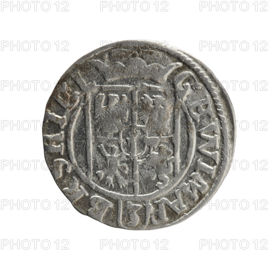 One-and-a-half; Pfahler, Ernest; cross (iconographic); orb of rule (iconographic); George William Hohenzollern (Elector of Brandenburg; Duke of Prussia; 1620–1640); coats of arms. Obverse: under the ducal mitre, a five-field coat of arms; below in the shield the value numeral 3. In the rim between the borders, an inscription separated by the mitre and the value numeral GEWIMAR - BRSRIEL. Reverse: royal orb with a cross with arms terminating in finials; in the lower part of the orb, the value numerals Z4; on the sides of the cross, the date numerals Z-4. In the rim between the borders an inscription divided by a cross and a heart (hallmark) located below the apple MONE NO - DVC.PRVS, 1624. Ducal Prussia (1525–1701), Königsberg. Coin: diameter 19.4 mm, weight 0.87 g, axis 315°.