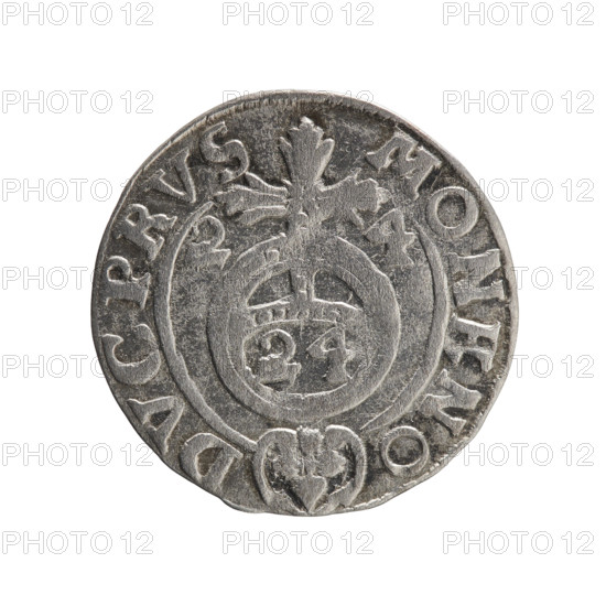 One-and-a-half, Pfahler, Ernest. Cross (iconographic), orb of rule (iconographic), George William Hohenzollern (Elector of Brandenburg; Duke of Prussia; 1620–1640). Obverse: under the ducal mitre, a five-field coat of arms; below in the shield the value numeral 3. In the rim between the borders, an inscription separated by the mitre and the value numeral GEWIMAR - BRSRIEL. Reverse: royal orb with a cross with arms terminating in finials; in the lower part of the orb the value numerals Z4; on the sides of the cross the date numerals Z-4. In the rim between the borders an inscription divided by a cross and a heart (hallmark) located below the apple MONE NO - DVC.PRVS, 1624. Duchy of Prussia (1525–1701), Königsberg. Coin: diameter 19.4 mm, weight 0.87 g, axis 315°.