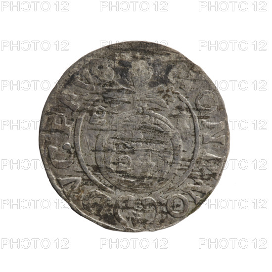 One-and-a-half, Pfahler, Ernest. George William Hohenzollern (Elector of Brandenburg; Duke of Prussia; 1620–1640). Silver coin (Ducal Prussia, Königsberg), 1624. Obverse: under the ducal mitre a five-field coat of arms; below in the shield the value numeral 3. Rim between borders an inscription separated by the mitre and the value numeral GEWI, R - BRSRIELRw. Royal orb with a cross with arms terminating in finials; in the lower part of the orb the value numerals 24; on the sides of the cross the date numerals 2–4. Rim inscription divided by a cross and a heart (hallmark) located below the apple: MONE NO - DVC PRVS, 1624. Coin: diameter 19.2 mm, weight 1.11 g, axis 225°.
