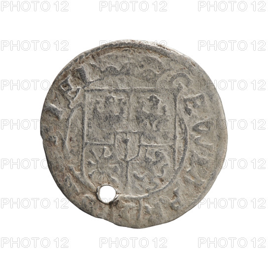 One-and-a-half coin, Ernest Pfahler. George William Hohenzollern (Elector of Brandenburg; Duke of Prussia; 1620–1640). Obverse: under the ducal mitre a five-field coat of arms; below in the shield the value numeral '3'; rim inscription between borders separated by the mitre and the value numeral GEWI-IEL. Reverse: royal orb with a cross whose arms terminate in finials; lower part of the orb the value numerals '24'; dates on the sides of the cross '2-4'; rim inscription between borders divided by a cross and a heart (hallmark) and below the apple MONE NO-DVC,RVS, 1624. Ducal Prussia (1525–1701), Königsberg. Coin: diameter 19.2 mm, weight 0.99 g, axis 0°.