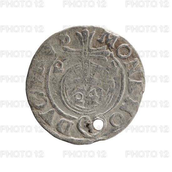 one-and-a-half, George William Hohenzollern (Elector of Brandenburg; Duke of Prussia; 1620–1640), cross (iconographic), orb of rule (iconographic), coats of arms. Obverse: under the ducal mitre, a five-field coat of arms; below in the shield the value numeral 3. In the rim between the borders is an inscription separated by the mitre and the value numeral GEWI-IEL. Reverse: royal orb with a cross with arms terminating in finials; in the lower part of the orb the value numerals 24; on the sides of the cross the date numerals 2-4. In the rim between the borders an inscription divided by a cross and a heart (hallmark) below the apple MONE NO-DVC,RVS, 1624. Ducal Prussia (1525–1701), Königsberg. Coin: diameter 19.2 mm, weight 0.99 g, axis 0°.