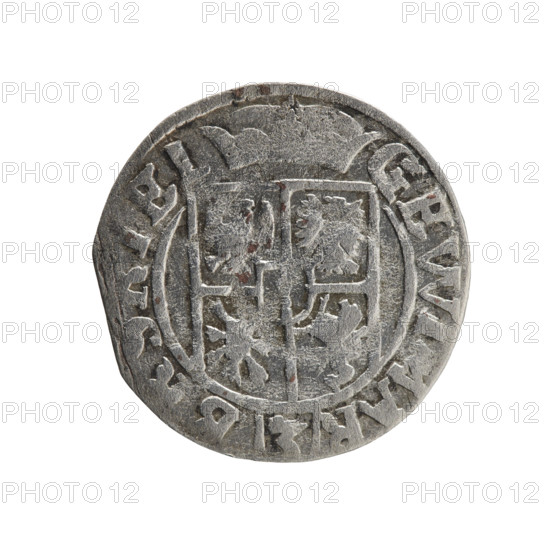 One-and-a-half coin, maker Ernest Pfahler. Obverse: under a ducal mitre, a five-field heraldic shield with the value numeral 3 below; rim inscription separated by the mitre and the value numeral reads GEWIMAR - B, EL. Reverse: royal orb topped by a cross with arms ending in finials; lower part of the orb bears the value numerals 24, with date numerals 2-4 on the sides of the cross; rim inscription divided by a cross and a heart (hallmark) below the apple reads MON, NOV - DVC PRVS, 1624. Issued in Ducal Prussia (1525–1701), Königsberg. Coin: diameter 19.0 mm, weight 1.08 g, axis 60°.
