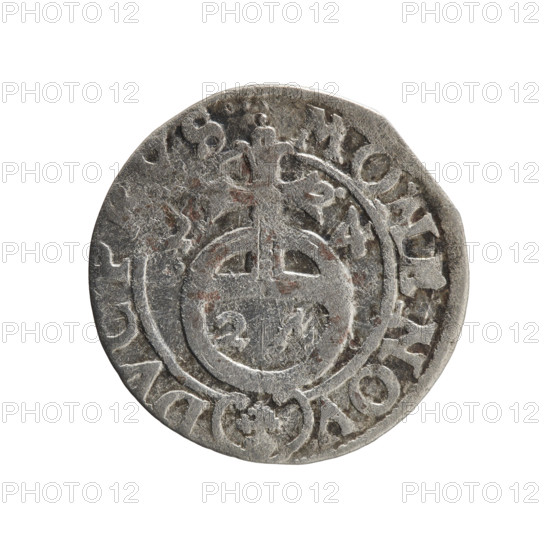 One-and-a-half coin by Ernest Pfahler. Obverse: under a ducal mitre, a five-field heraldic shield with the value numeral 3 below; rim inscription separated by the mitre and the value numeral: GEWIMAR - B, EL. Reverse: royal orb topped by a cross with arms ending in finials; value numerals 24 in the lower part of the orb and date numerals 2-4 on the sides of the cross; rim inscription divided by a cross and a heart (hallmark) below the apple MON, NOV - DVC PRVS, 1624. Duchy of Prussia (1525–1701), Königsberg. Coin: diameter 19.0 mm, weight 1.08 g, axis 60°.
