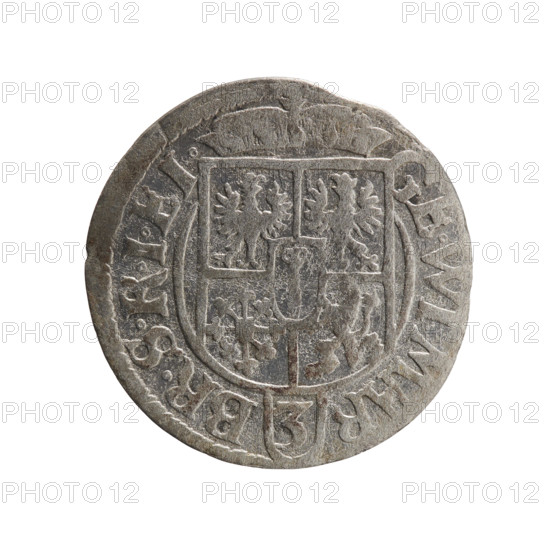 One-and-a-half coin. Obverse: under a ducal mitre, a five-field heraldic shield with the value numeral 3 in the lower part of the shield; rim inscription separated by the mitre and the value numeral: GE.WIMAR - BR.SRIEL. Reverse: royal orb with a cross whose arms terminate in finials; value numerals 24 in the lower part of the orb and date numerals 2-4 on the sides of the cross; rim inscription divided by a cross and ending with a heart (hallmark) between two points: MONE.NOVA.DVC.PRVS-; date 1624. Duchy of Prussia (1525–1701), Königsberg. Coin: diameter 19.5 mm, weight 1.11 g, axis 220°. Maker: George William of Hohenzollern (Elector of Brandenburg; Duke of Prussia; 1620–1640). Iconography: cross, orb of reign, coats of arms.
