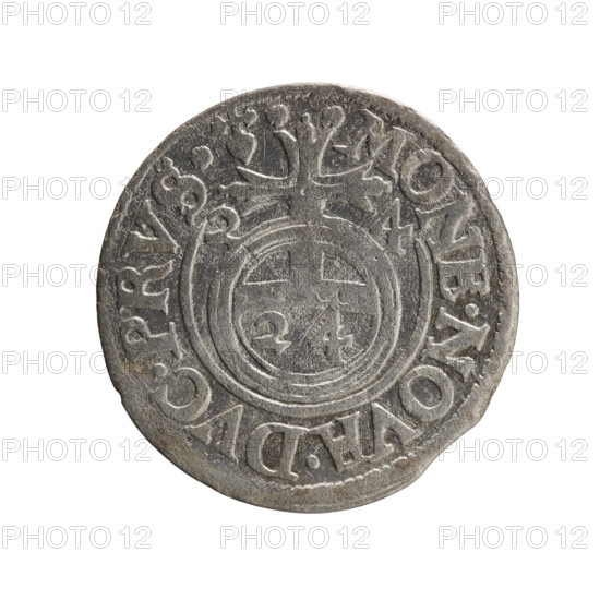 One-and-a-half coin. Obverse: under a ducal mitre, a five-field heraldic shield; below in the shield the value numeral 3. Rim inscription separated by the mitre and the value numeral: GE.WIMAR - BR.SRIEL. Reverse: royal orb with a cross whose arms terminate in finials; lower part of the orb the value numerals 24; date numerals 2-4 on the sides of the cross. Rim inscription divided by a cross and ending with a heart hallmark between two points: MONE.NOVA.DVC.PRVS-; date 1624. Subject: George William of Hohenzollern (Elector of Brandenburg; Duke of Prussia, 1620–1640). Place/date: Ducal Prussia, Königsberg, 1624. Medium/measurements: coin, diameter 19.5 mm, weight 1.11 g, axis 220°.