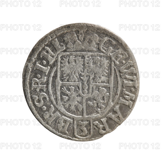 One-and-a-half; Ernest Pfahler; Department of Coins of Lands Associated with Poland — George William of Hohenzollern (Elector of Brandenburg; Duke of Prussia; 1620–1640); cross (iconographic); orb of rule (iconographic); coats of arms. Obverse: Under the ducal mitre, a five-field heraldic shield, below in the shield the value numeral 3. In the rim between the borders, an inscription separated by the mitre and the value numeral GE.WI.MAR. - BR.SRIEL. Reverse: Royal orb with a cross with arms terminating in finials. In the lower part of the orb the value numerals 24. On the sides of the cross, date numerals 2-4. In the rim between the borders an inscription divided by a cross .MONE.NOVA.DVC.PRVS.-, 1624. Ducal Prussia (1525–1701), Königsberg; coin: diameter 19.8 mm, weight 0.94 g, axis 315°.